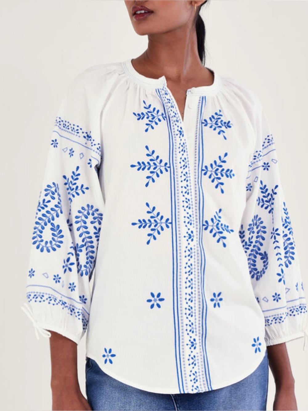 Monsoon London Embroidered Blossoms in White and Blue